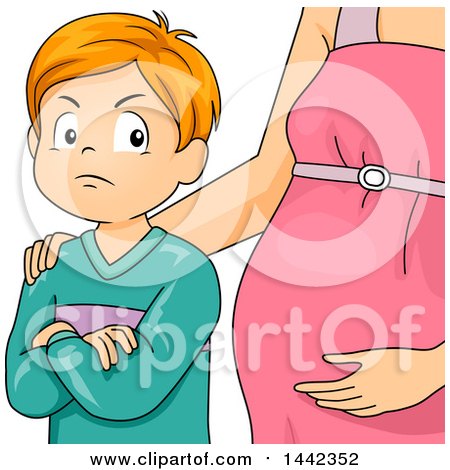 Clipart of a Cartoon Grumpy Red Haired Caucasian Boy by His Pregnant Mom - Royalty Free Vector Illustration by BNP Design Studio