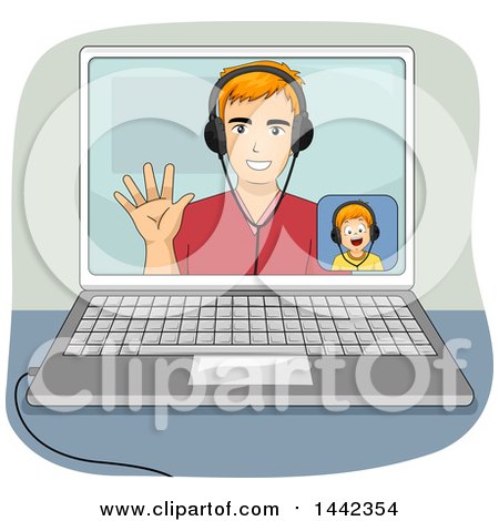 Clipart of a Cartoon Red Haired Caucasian Son and Father Video Chatting on a Laptop Computer - Royalty Free Vector Illustration by BNP Design Studio