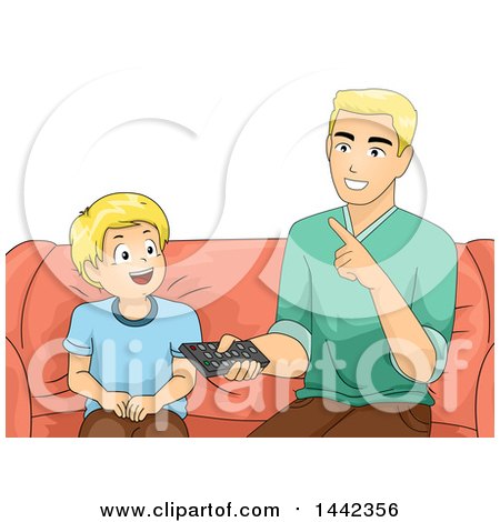Clipart of a Blond Caucasian Father and Son Sitting on a Couch and Using a Remote Control - Royalty Free Vector Illustration by BNP Design Studio