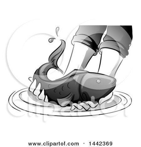 Clipart of a Grayscale Pair of Hands Grabbing a Fish - Royalty Free Vector Illustration by BNP Design Studio