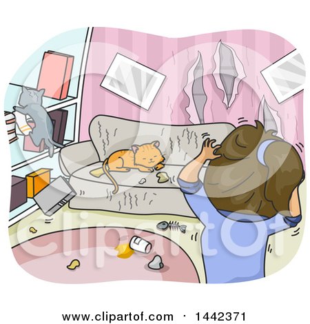 Clipart of a Cartoon Woman Stressed out over Damage Caused by Her Cats - Royalty Free Vector Illustration by BNP Design Studio