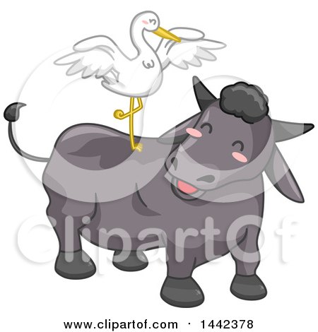 Clipart of a Crane Balancing on the Back of a Carabao Water Buffalo - Royalty Free Vector Illustration by BNP Design Studio