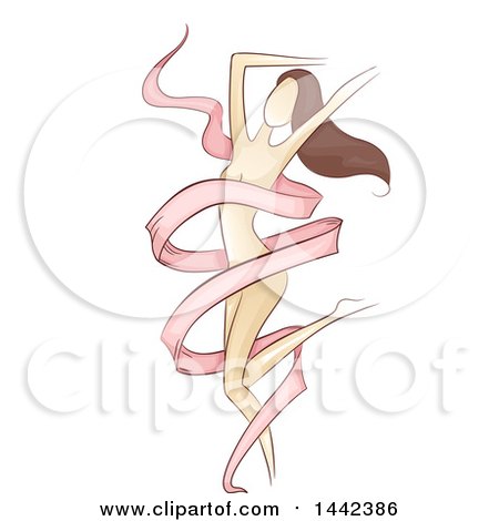 Clipart of a Sketched Nude Brunette Caucasian Woman Dancing with a Pink Ribbon - Royalty Free Vector Illustration by BNP Design Studio