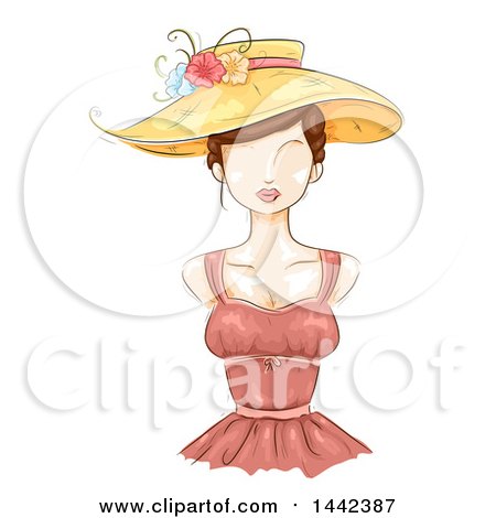 Clipart of a Sketched Female Mannequin with a Sun Hat and Bustier Dress - Royalty Free Vector Illustration by BNP Design Studio