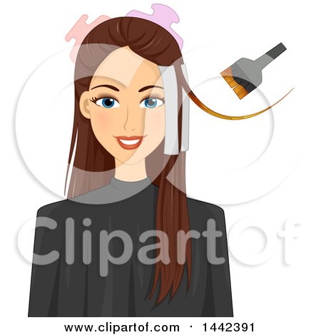 Clipart of a Happy Brunette Caucasian Woman Getting Her Hair Colored with Foil Strips - Royalty Free Vector Illustration by BNP Design Studio