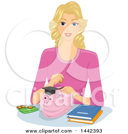 Clipart of a Blond Caucasian Woman Putting Money in a Piggy Bank for Her College Education - Royalty Free Vector Illustration by BNP Design Studio