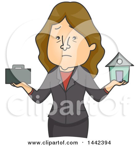 Clipart of a Cartoon Stressed Caucasian Business Woman Trying to Balance Family and Work - Royalty Free Vector Illustration by BNP Design Studio