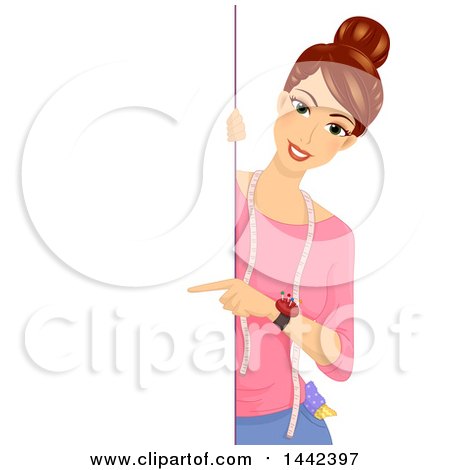 Clipart of a Brunette Tailor Caucasian Woman Pointing Around a Sign - Royalty Free Vector Illustration by BNP Design Studio