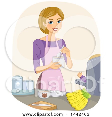 Clipart of a Happy Dirty Blond Caucasian Mother Feeding Her Baby a Nutritious Meal - Royalty Free Vector Illustration by BNP Design Studio