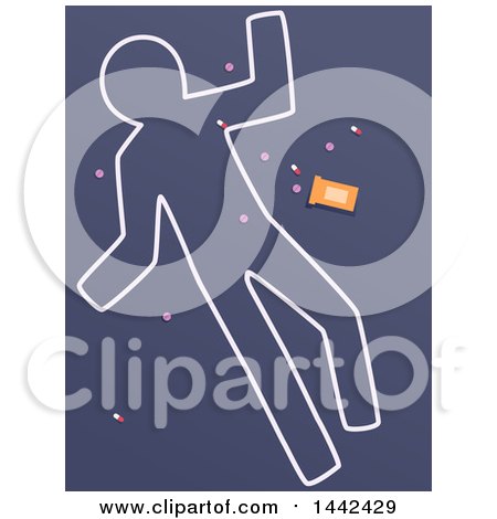 Clipart of a Chalk Body Outline of a Suicide Death with Pills - Royalty Free Vector Illustration by BNP Design Studio