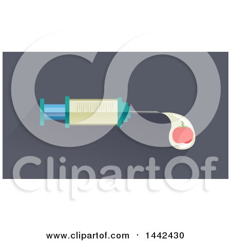 Clipart of a Syringe with a Drop of Liquid and a Gmo Tomato - Royalty Free Vector Illustration by BNP Design Studio