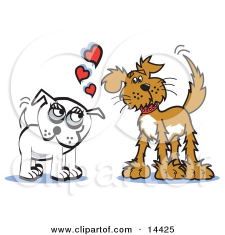 Two Infatuated Dogs Staring at Eachother and Wagging Their Tails Clipart Illustration by Andy Nortnik