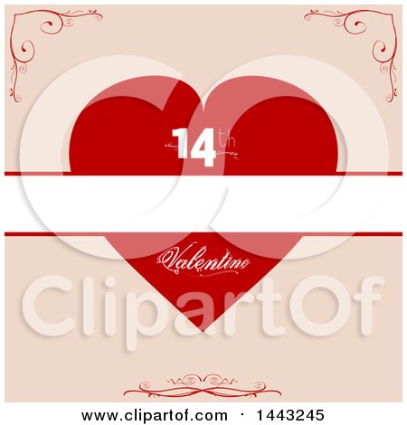 Clipart of a Red Valentine Heart with 14th and a Blank Banner over Beige - Royalty Free Vector Illustration by elaineitalia