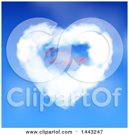 Clipart of a Heart Shaped Valentine Cloud with Love Text in a Blue Sky - Royalty Free Vector Illustration by elaineitalia