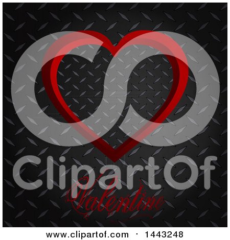 Clipart of a Red Heart and Valentine Text over Diamond Plate Metal - Royalty Free Vector Illustration by elaineitalia