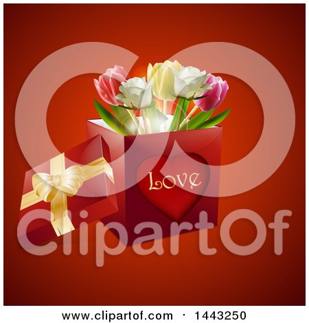 Clipart of a 3d Love Valentines Day or Anniversary Gift Box with Tulip Flowers, on Red - Royalty Free Vector Illustration by elaineitalia