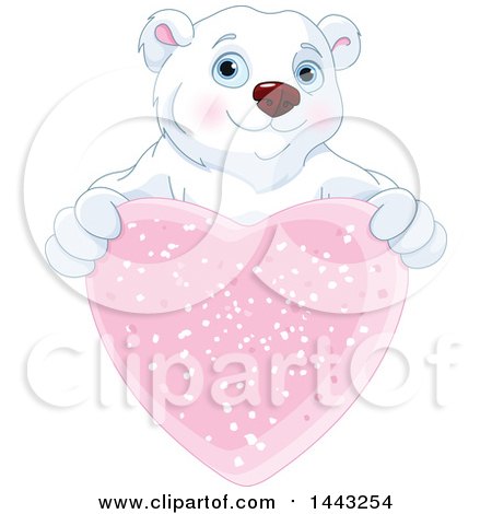 Clipart of a Cute Polar Bear Holding out a Sparkly Pink Valentine Heart - Royalty Free Vector Illustration by Pushkin