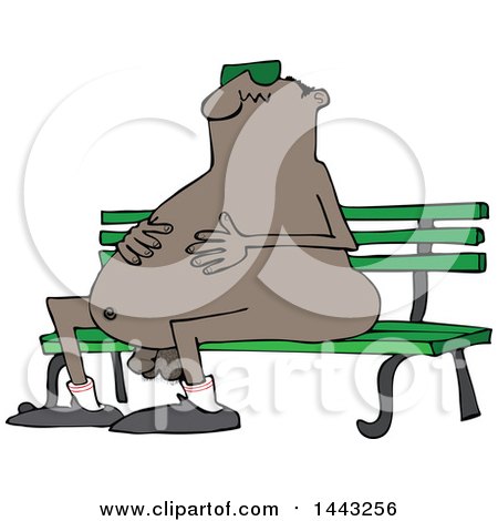 Clipart of a Cartoon Chubby Nude Black Man Wearing Sunglasses and Sitting on a Park Bench - Royalty Free Vector Illustration by djart