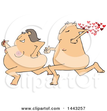Clipart of a Cartoon Streaking Chubby Nude White Man Chasing a Woman, with Hearts - Royalty Free Vector Illustration by djart