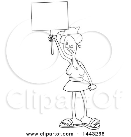 Clipart of a Cartoon Black and White Lineart Angry Woman Shouting, Wearing a Pussy Hat and Holding a Blank Sign at the Womens March - Royalty Free Vector Illustration by djart