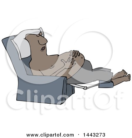 Clipart of a Cartoon Shirtless Chubby Black Man Sleeping in a Recliner Chair, Resting His Hands on His Belly - Royalty Free Vector Illustration by djart