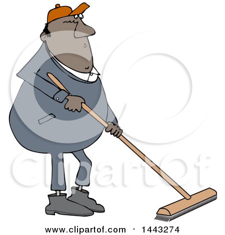 Clipart of a Cartoon Chubby Black Worker Man Using a Push Broom - Royalty Free Vector Illustration by djart