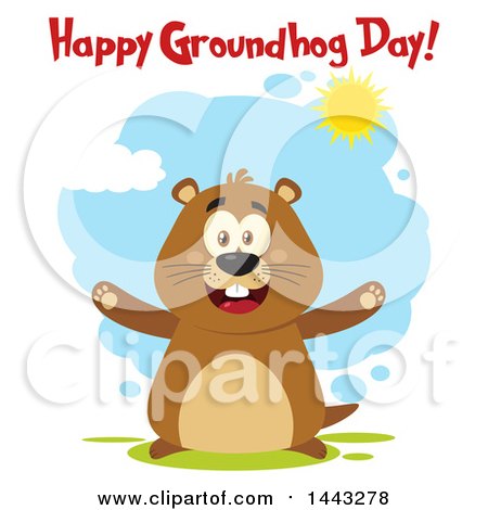 Clipart of a Flat Styled Happy Groundhog Mascot with Open Arms and Text, on a Sunny Day - Royalty Free Vector Illustration by Hit Toon
