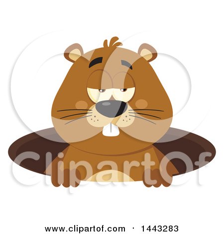 Clipart of a Flat Styled Sleepy Groundhog Mascot in a Hole - Royalty Free Vector Illustration by Hit Toon