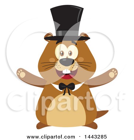 Clipart of a Flat Styled Happy Groundhog Mascot with Open Arms, Wearing a Top Hat - Royalty Free Vector Illustration by Hit Toon