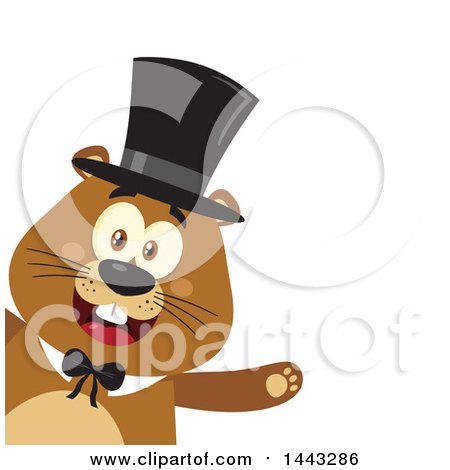 Clipart of a Flat Styled Happy Groundhog Mascot Presenting and Wearing a Top Hat - Royalty Free Vector Illustration by Hit Toon