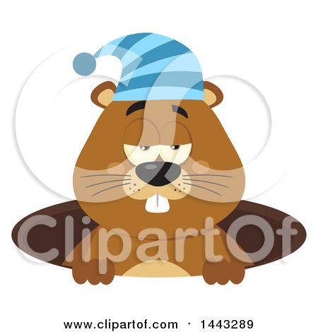 Clipart of a Flat Styled Sleepy Groundhog Mascot Wearing a Hat in a Hole - Royalty Free Vector Illustration by Hit Toon