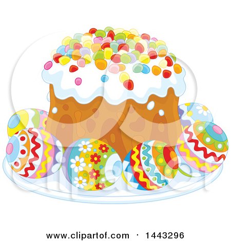 Clipart of a Sweet Easter Cake Served with Decorated Eggs - Royalty Free Vector Illustration by Alex Bannykh
