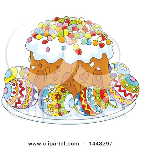 Clipart of a Cartoon Easter Cake Served with Decorated Eggs - Royalty Free Vector Illustration by Alex Bannykh
