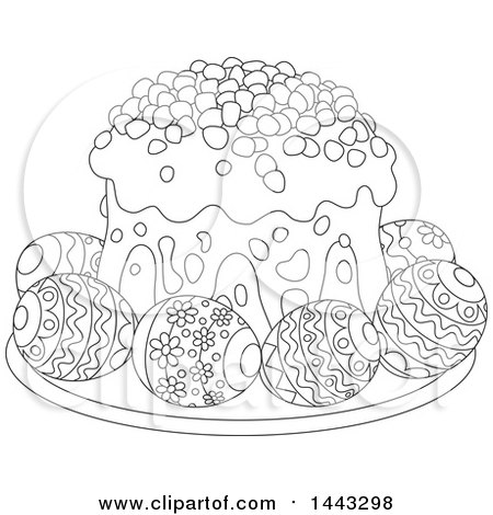 Clipart of a Cartoon Black and White Lineart Easter Cake Served with Decorated Eggs - Royalty Free Vector Illustration by Alex Bannykh