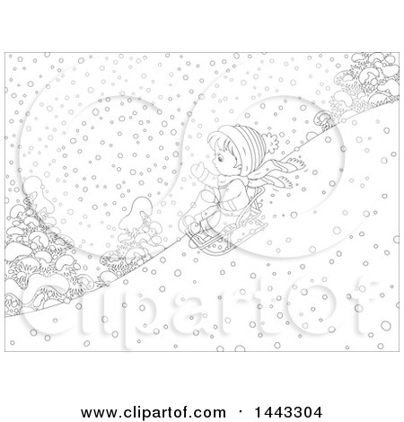 Clipart of a Cartoon Black and White Lineart Boy Sledding - Royalty Free Vector Illustration by Alex Bannykh
