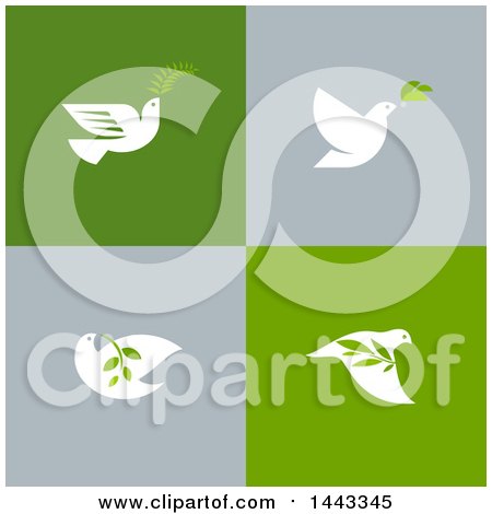 Clipart of White Peace Doves Flying with Leaves and Branches, on Gray and Green - Royalty Free Vector Illustration by elena