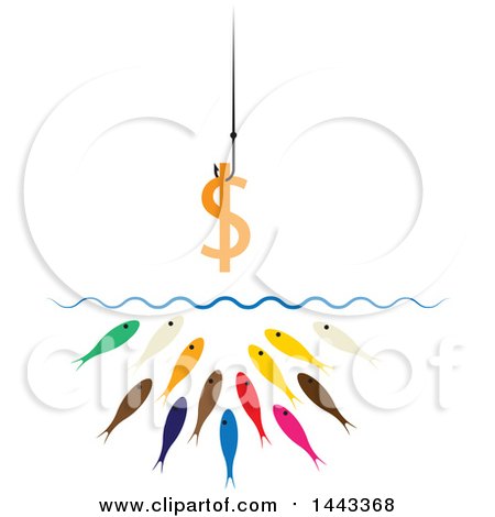 Clipart of a Dollar Currency Symbol on a Hook over Hungry Colorful Fish - Royalty Free Vector Illustration by ColorMagic