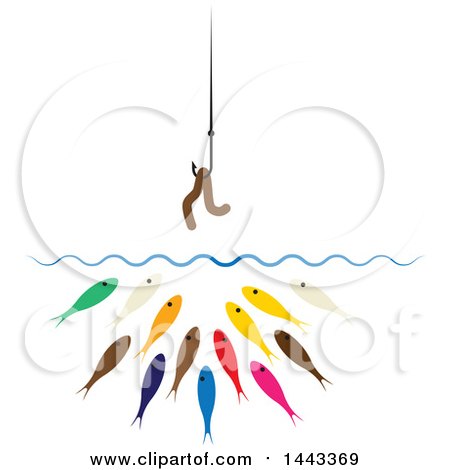 Clipart of a Worm on a Hook over Hungry Colorful Fish - Royalty Free Vector Illustration by ColorMagic