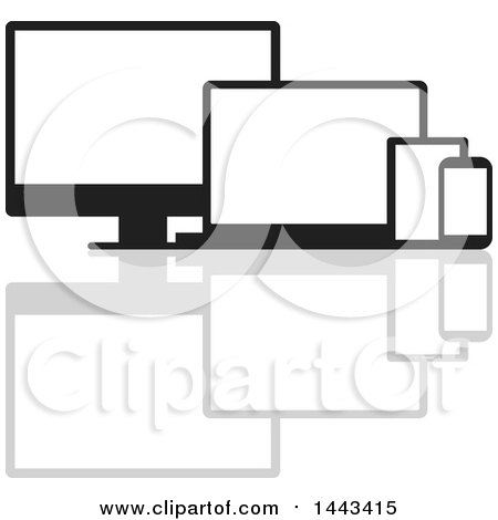 Clipart of Black and White Television, Laptop, Tablet and Cell Phone Screens and a Reflection - Royalty Free Vector Illustration by ColorMagic