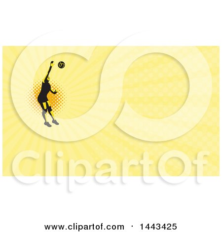 Clipart of a Retro Female Volleyball Player Spiking over Halftone and Yellow Rays Background or Business Card Design - Royalty Free Illustration by patrimonio