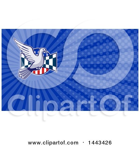 Clipart of a Bird and Checkered Flag over an American Circle and Blue Rays Background or Business Card Design - Royalty Free Illustration by patrimonio