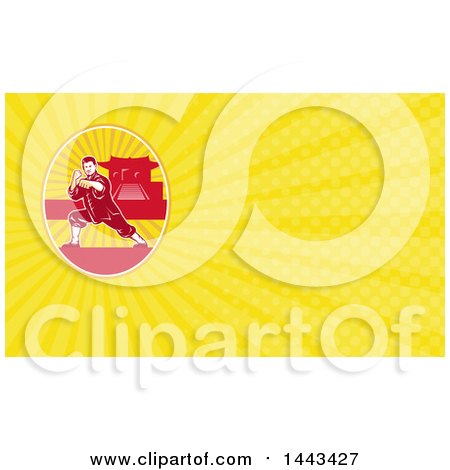 Clipart of a Shaolin Kung Fu Martial Artist in a Fighting Stance, near a Pagoda and Yellow Rays Background or Business Card Design - Royalty Free Illustration by patrimonio