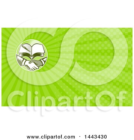 Clipart of a Retro Woodcut Handshake Under a Book and Green Rays Background or Business Card Design - Royalty Free Illustration by patrimonio