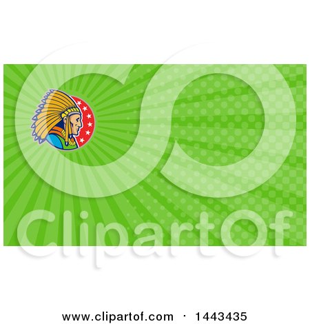 Clipart of a Cartoon Native American Indian Chief and Green Rays Background or Business Card Design - Royalty Free Illustration by patrimonio