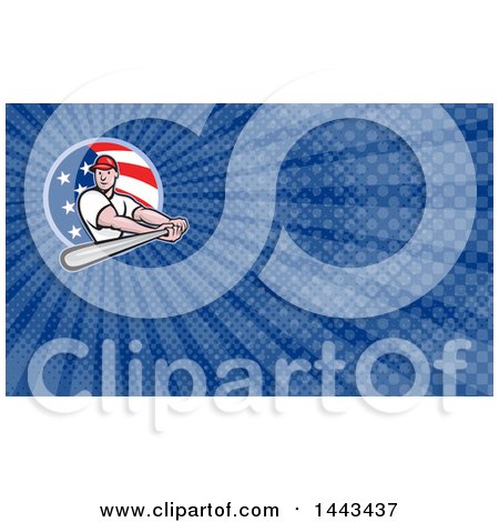 Clipart of a Cartoon White Male Baseball Player Athlete Batting in a Shield and Blue Rays Background or Business Card Design - Royalty Free Illustration by patrimonio