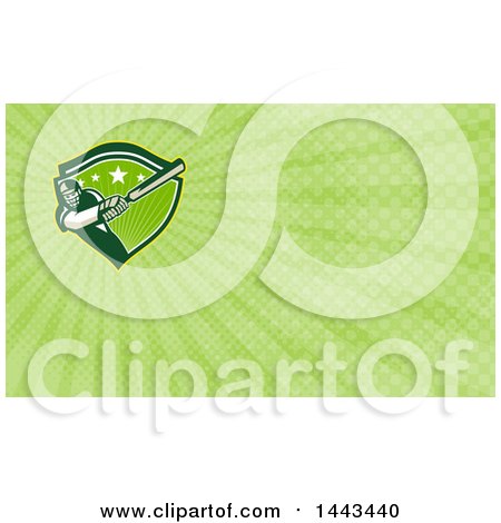 Clipart of a Retro Cricket Batsman and Green Rays Background or Business Card Design - Royalty Free Illustration by patrimonio