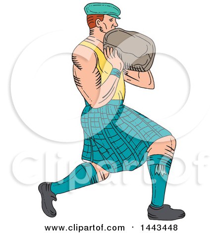 Clipart of a Sketched Drawing Styled Scotsman Athlete Wearing a Kilt, Playing a Highland Weight Throwing Game - Royalty Free Vector Illustration by patrimonio