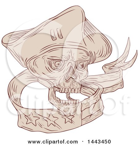 Clipart of a Sketched Drawing Styled Patriot Soldier Skull with a Ribbon - Royalty Free Vector Illustration by patrimonio