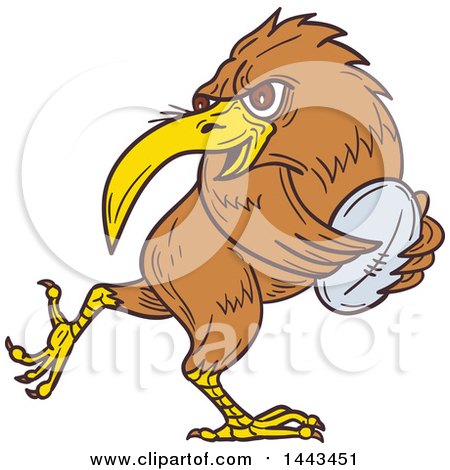Clipart of a Sketched Drawing Styled Kiwi Bird Running with a Rugby Ball - Royalty Free Vector Illustration by patrimonio