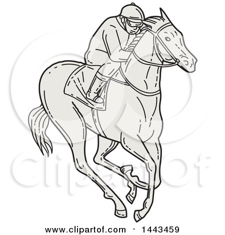 Clipart of a Mono Line Styled Jockey Racing a Horse - Royalty Free Vector Illustration by patrimonio